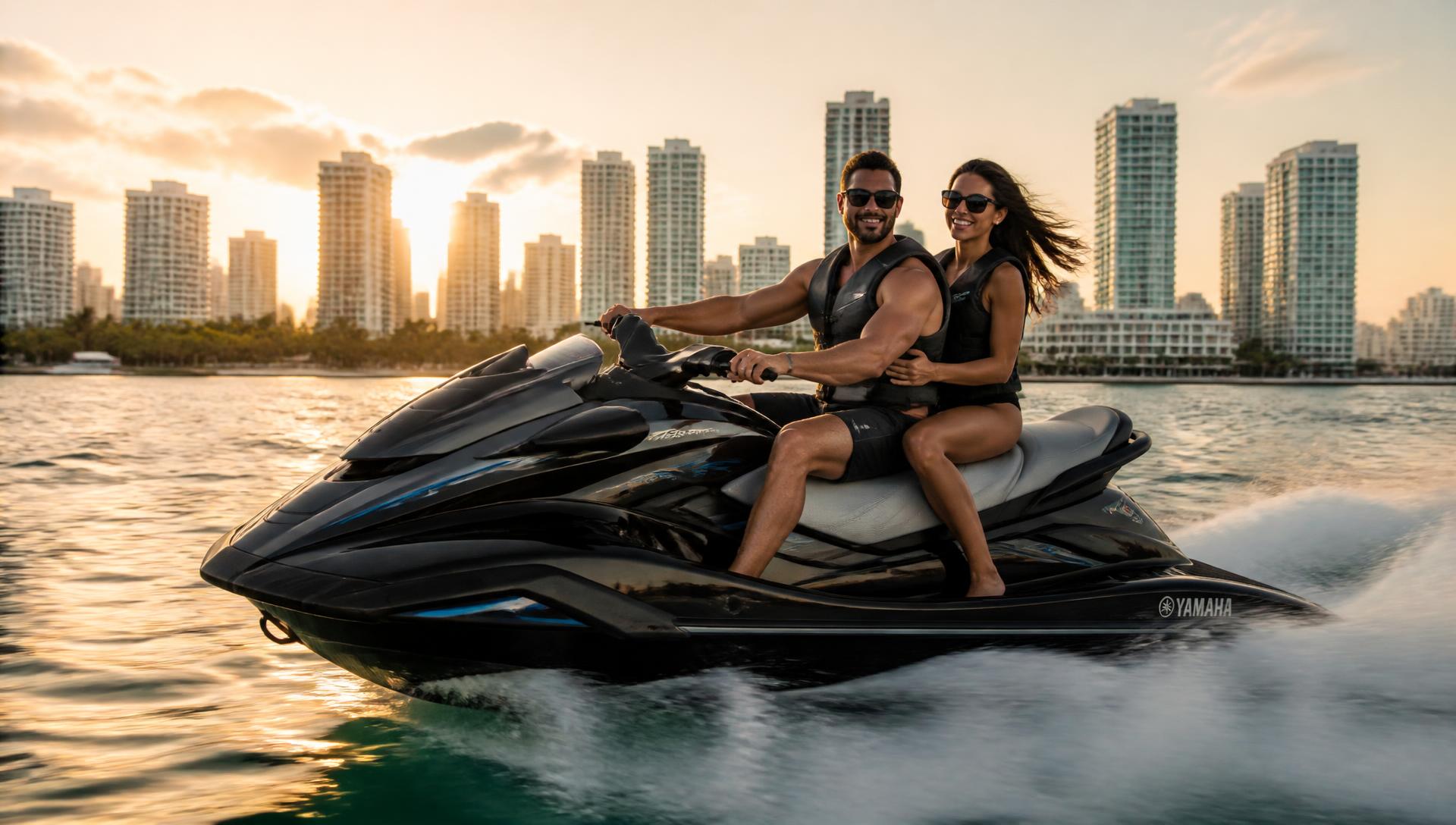 Couple riding a Yamaha WaveRunner at golden hour in Miami